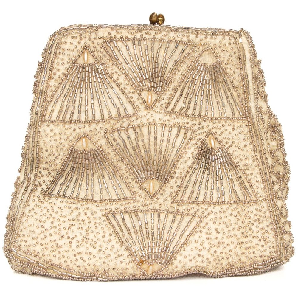 Vintage Art Deco Beaded Evening Bag | Gold + Clear Iridescent Beads | Kiss Lock